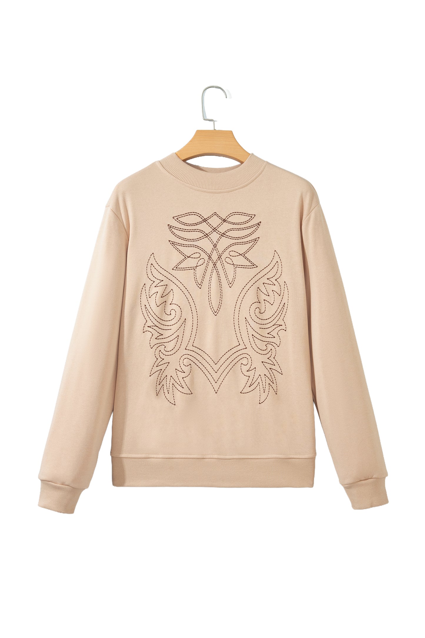 Light French Beige Western Embroidery Round Neck Pullover Long Sleeve Sweatshirt