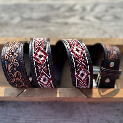 Genuine Leather Western Belt with tooled and Seed Bead details a Double B Wild Rags