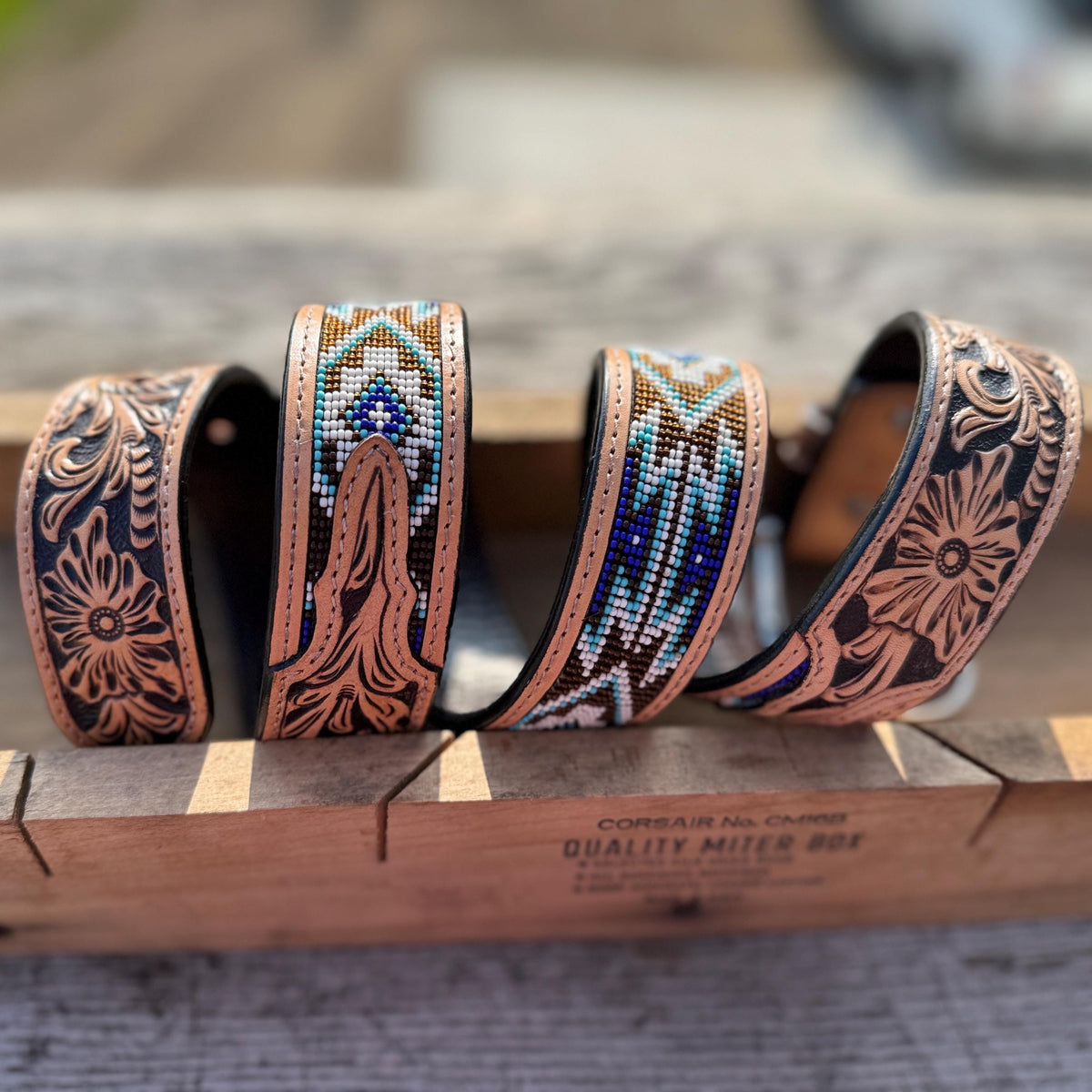 Genuine Leather Western Belt with tooled and Seed Bead details a Double B Wild Rags