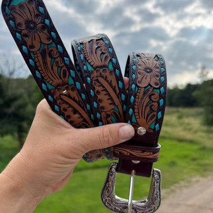 Genuine Leather Western Belt with tooled and buckstitch details by Double B Wild Rags