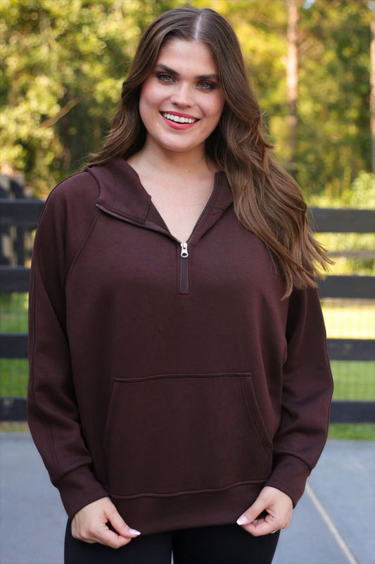 Kayla Luxe Hooded Quarter Zip Pullover- Chocolate