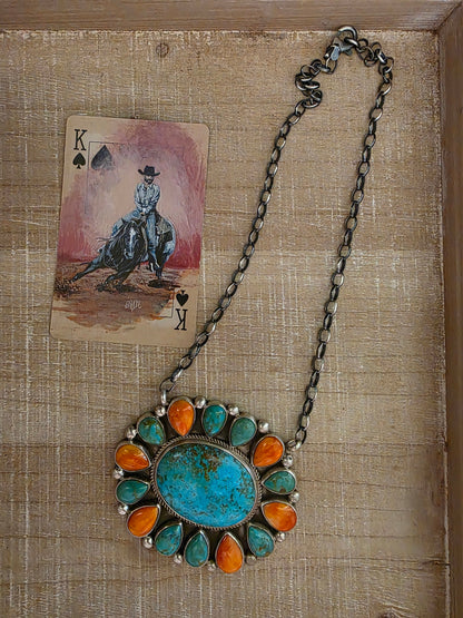 GERALDINE JAMES KINGMAN TURQUOISE AND SPINY OYSTER CLUSTER NECKLACE