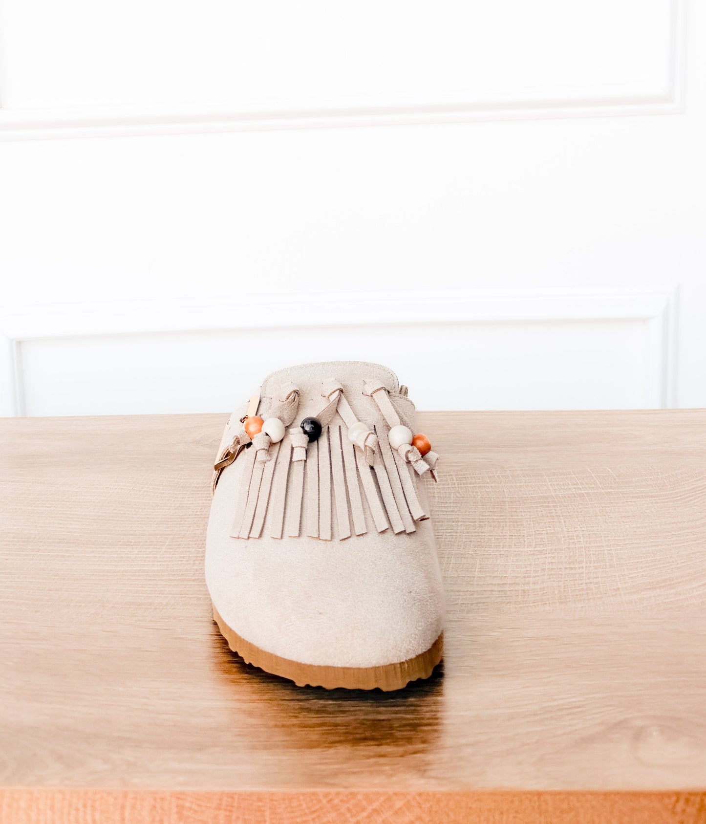 Sadie Western Fringe Beaded Flat Mules in Cream
