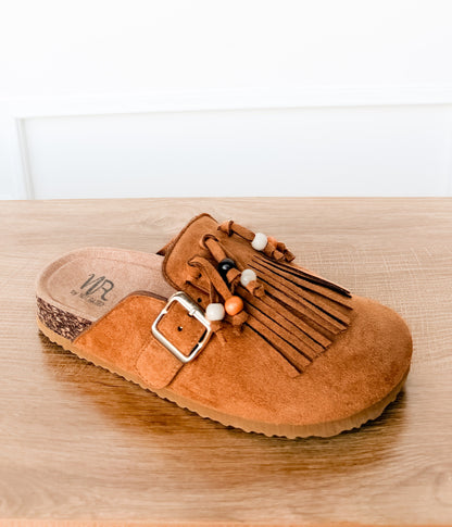 Sadie Western Fringe Beaded Flat Mules in Tan