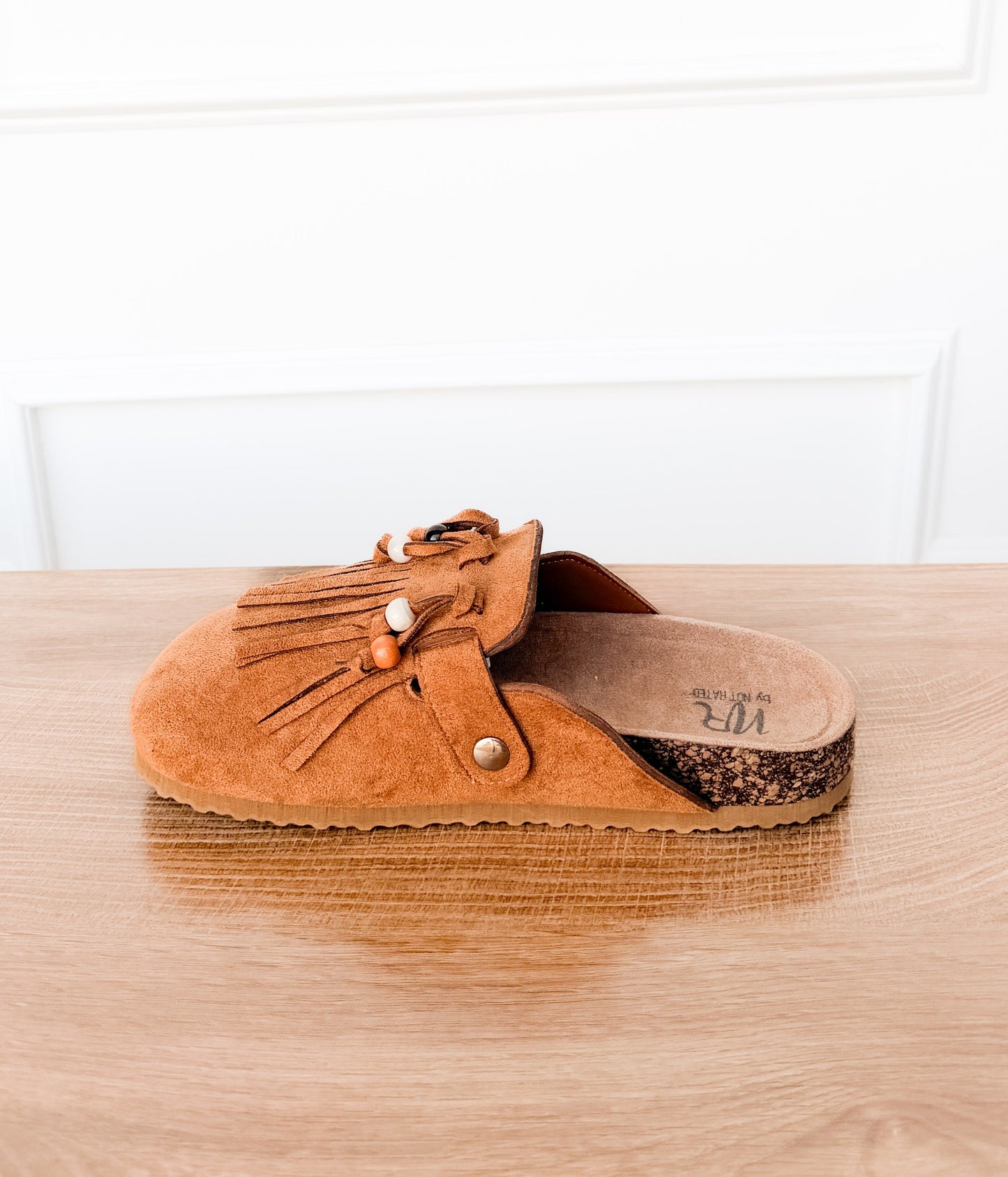 Sadie Western Fringe Beaded Flat Mules in Tan