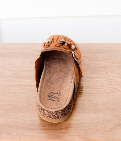 Sadie Western Fringe Beaded Flat Mules in Tan